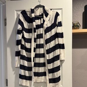 LOFT Navy and Cream Striped Open Cardigan